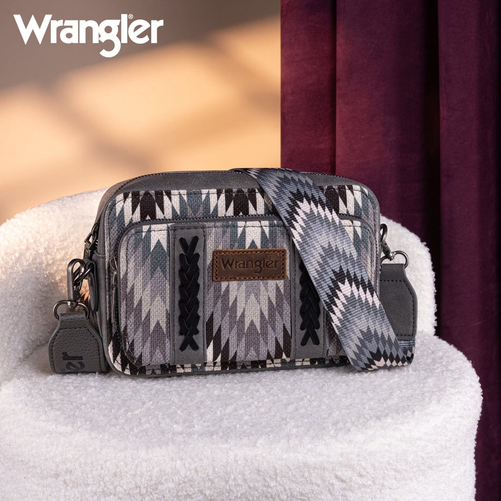 Wrangler Southwestern Pattern Dual Sided Print Crossbody Wallet Compartment Grey